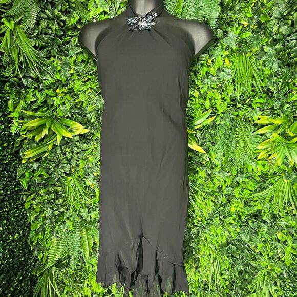 VTG Women Dress‎ 3XL Black Tie Neckline Ruffle Hem Sequins Accent Celavie 1002 - Picture 2 of 11